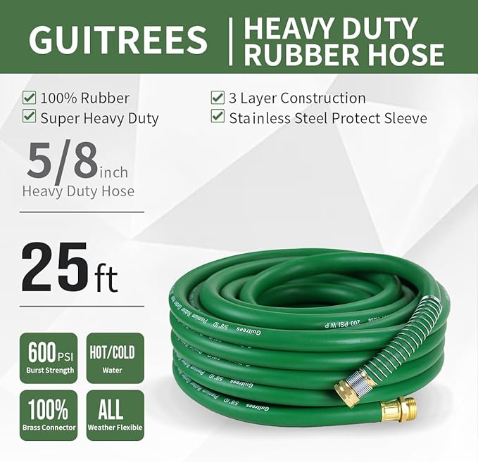 25FT 5/8 Heavy Duty Rubber Garden Hose - 300psi Working 1000psi Burst - Hot/Cold Water - Five-Layered Braiding for Durability - Versatile for Gardening Agriculture Construction(Green)