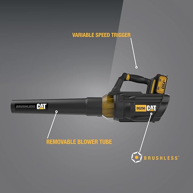 Cat DG250 18V Brushless 450 CFM 100 MPH Leaf Blower Cordless with Battery and Charger 2-Speed Blowers for Lawn Care Lightweight Cordless Leaf Blower – Battery &amp Charger Included