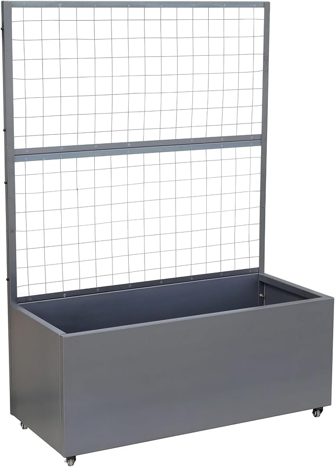 Metal Rolling Planter Box with Lattice Trellis Modern Steel Planter Box Trellis Corten Trough Planter with Casters 66” x 46” x 21” (Original Metal)