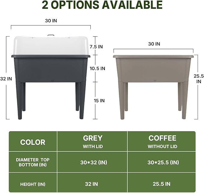 13.2 Gallon Self Watering Raised Garden Bed with or Without Transparent Ventilation Lid Greenhouse Planter Box with Legs for Indoor/Outdoor Use Ideal for Herbs &amp Vegetables (Coffee Without Lid)