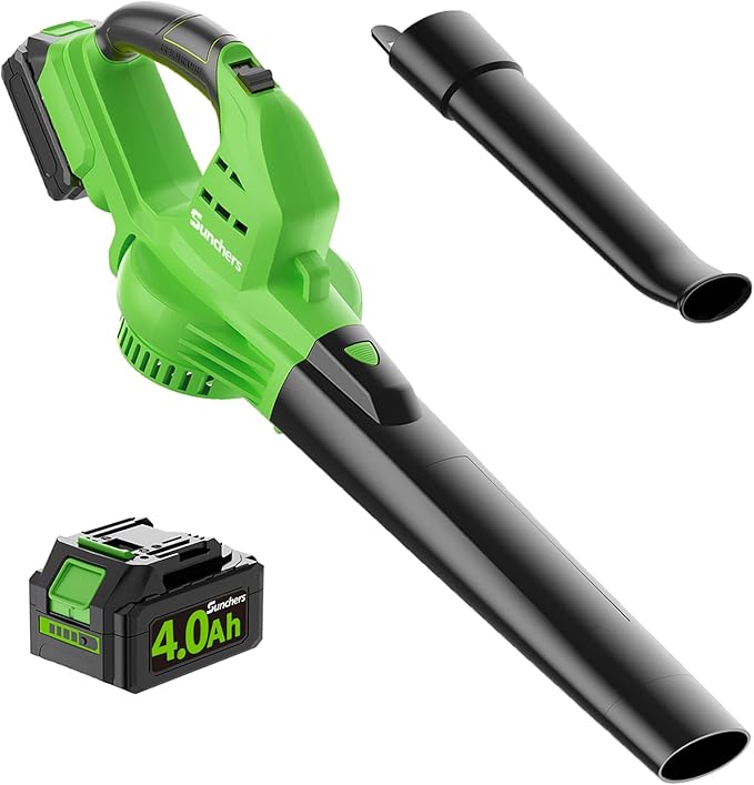 Leaf Blower Cordless with 4.0Ah Battery and Charger 135MPH 170CFM High Speed Snow Blower with 2 Tube 20V Electric Leaf Cleaner Lightweight Handheld Small Blower for Car Garden House Depot Green
