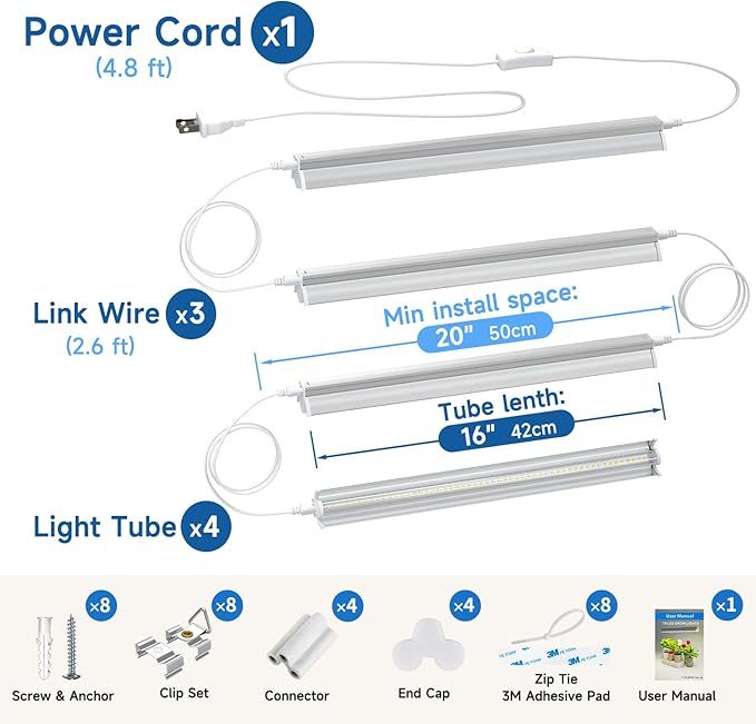 Plant Lights for Indoor Growing Seedlings - 16 in Long 4-Count (10W x4) Full Spectrum T5 Grow Light Bars for Seed Starting 4000K White LED Grow Lamp w/Reflectors for Shelf/Rack