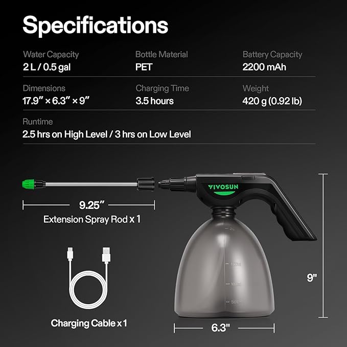 VIVOSUN Battery Powered Sprayer 0.5Gallon Electric Spray Bottle USB Rechargeable Automatic Water Pump Plant Mister with Adjustable Pressure Easy to Refill 2.2 Ah Battery