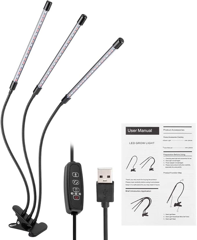 YWBL-WH 30W USB 3 Tubes Flexible LED Grow Light Full Spectrum Growing Lamp Adjustable Three-Head Indoor Light for Plants and Flowers with Flexible Gooseneck