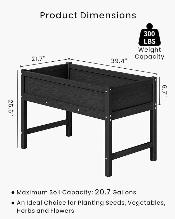 HDPE Raised Garden Bed with Legs Outdoor All-Weather Elevated Planter Box Raised Beds for Seeds Herb Flower Vegetable (Black)