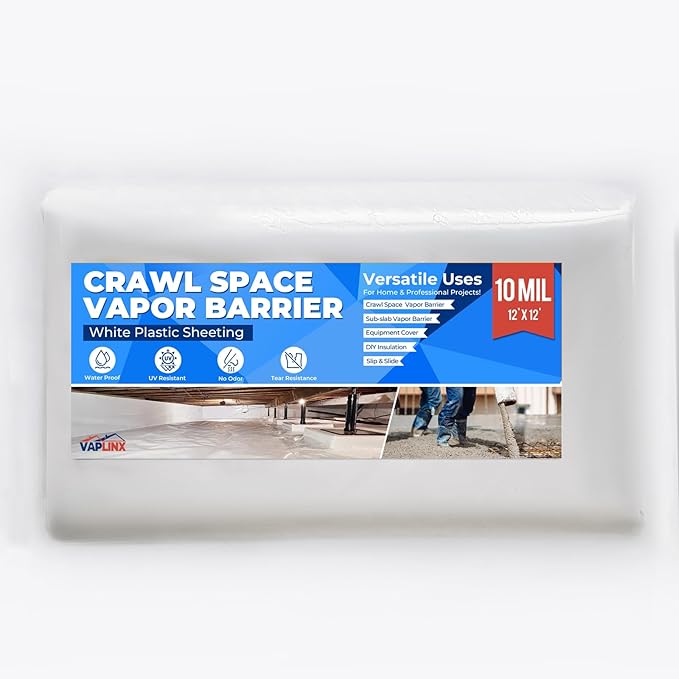 White Crawl Space Vapor Barrier 10 Mil Vapor Barrier 12' x 12' Heavy Duty Polyethylene Film Thick Plastic Sheeting Plastic Drop Cloth Covering for Crawlspace Basement White
