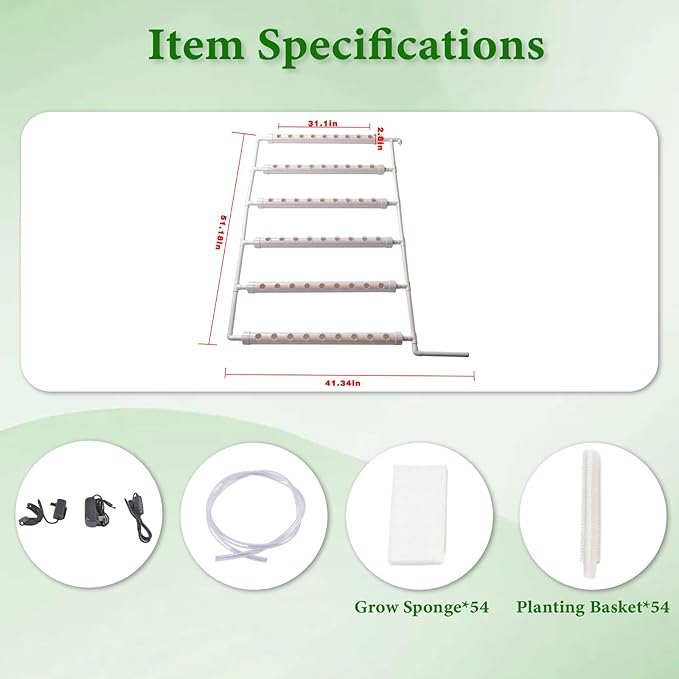 Wall-Mounted Hydroponic Grow Kit Hydroponics Planting System with Water Pump Pump Timer 6 Food-Grade PVC-U Pipes 1 Layers 54 Plant Sites Nest Basket and Sponge for Leafy Vegetable