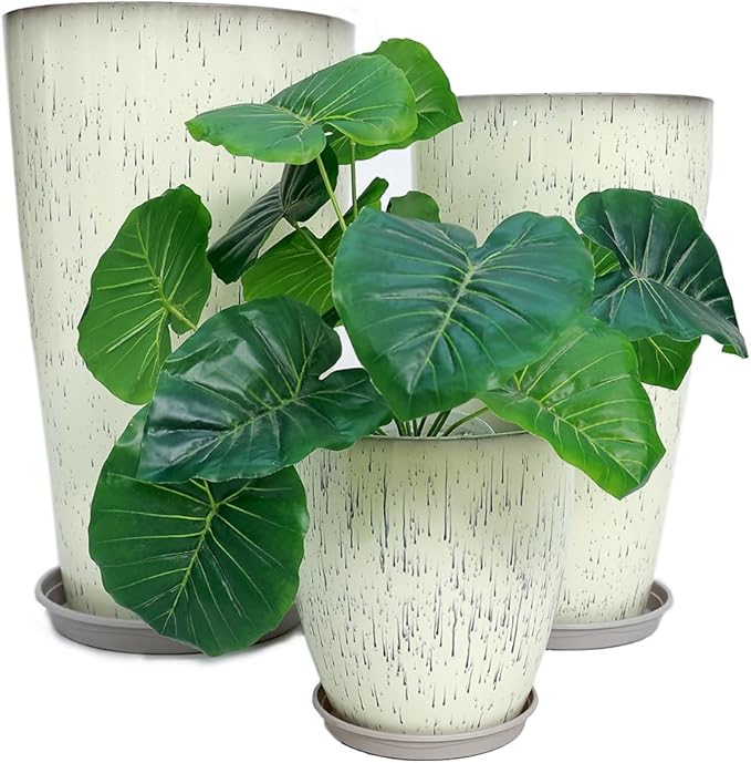 242111 Inch Large Plastic Planters with Drainage Hole and Saucer - Set of 3 Tall Plant Pots Indoor Flower Pot Tall Round Planters Outdoor Large Tall Planter