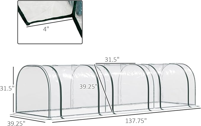Outsunny 11' x 3' x 2.5' Mini Greenhouse Portable Tunnel Green House with Roll-Up Zippered Doors UV Waterproof Cover Steel Frame Clear