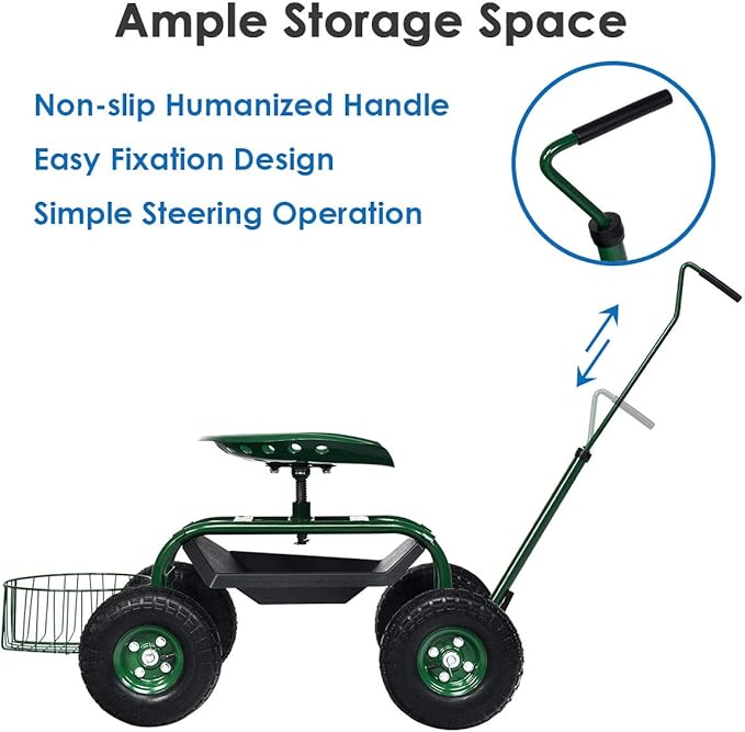 Goplus Rolling Garden Seat with Wheels Outdoor Gardening Scooter with 360° Swivel Seat Tool Tray &amp Basket Adjustable Steering Handle for Lawn Gardening Stool Garden Cart for Planting