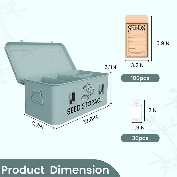 Seed Storage Organizer Box Metal Seed Box Garden Seed Organizer with Lid Seed Containers Storage with 4 Compartments 30 Seed Holder Organizers 100pcs Seed Envelopes (Blue)