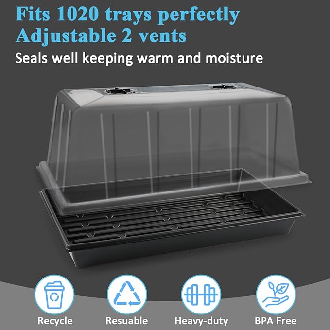 BTPLASTIK 10 Pack 7.3 High Humidity Domes for 1020 Seed Trays – Thicker Platic Clear Humidity Dome with Adjustable Vents BPA-Free Fits Standard 10x20 Trays for Germination Propagation Cloning