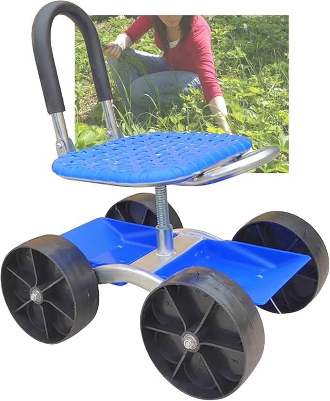 360° Swivel Rolling Gardens Cart with SeatHeight Adjustable Stool with Tool Tray for Outdoor Planting(4-Wheeled)