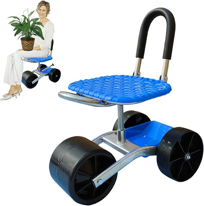 Garden Seat with Wheels 360° Swivel＆Adjustable Height Garden Stool with Wheels Heavy Duty Rolling Seat with Foldable Backrest and Storage Basket for Patio Yard Outdoor Seed Bank Seed STO