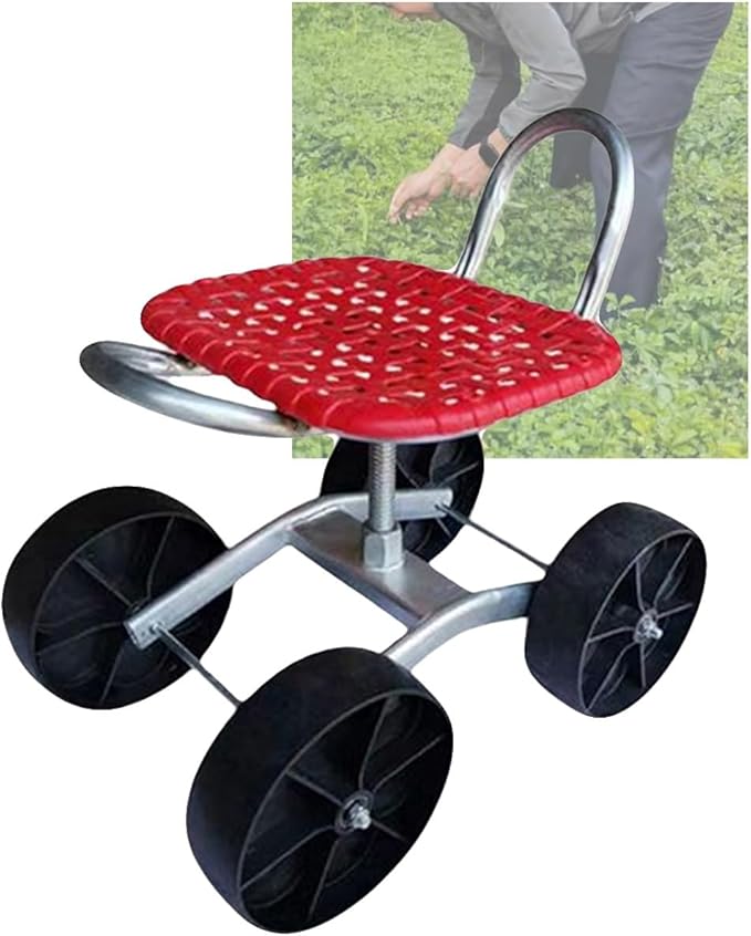Outdoor Gardening Carts with Seat Utility Stool Cart with Adjustable 22-36cm Height and 360° Rotatablefor Lawn Yard(Red)