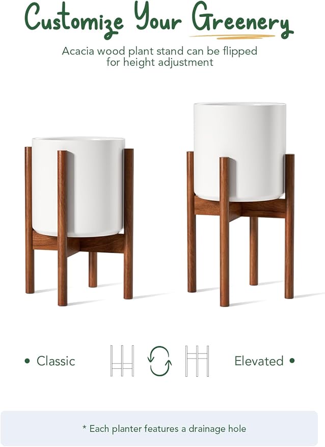 LE TAUCI Indoor Planter with Stand 10 + 8 Inch Set of 2 Ceramic Pot for Indoor Plants with Acacia Wood Holder Mid-Century Modern Home Decor Round Flower Pots with Drainage Hole White