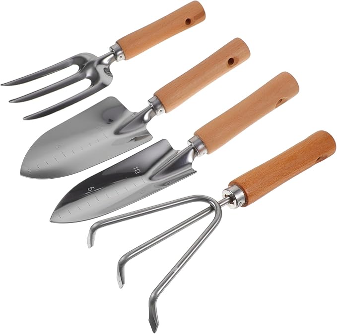VICASKY 4pcs Gardening Tools Set with Wooden Handles – Garden Hand Trowel Narrow Shovel 3-Prong Hand Rake and Cultivator for Planting and Weeding in Home Garden