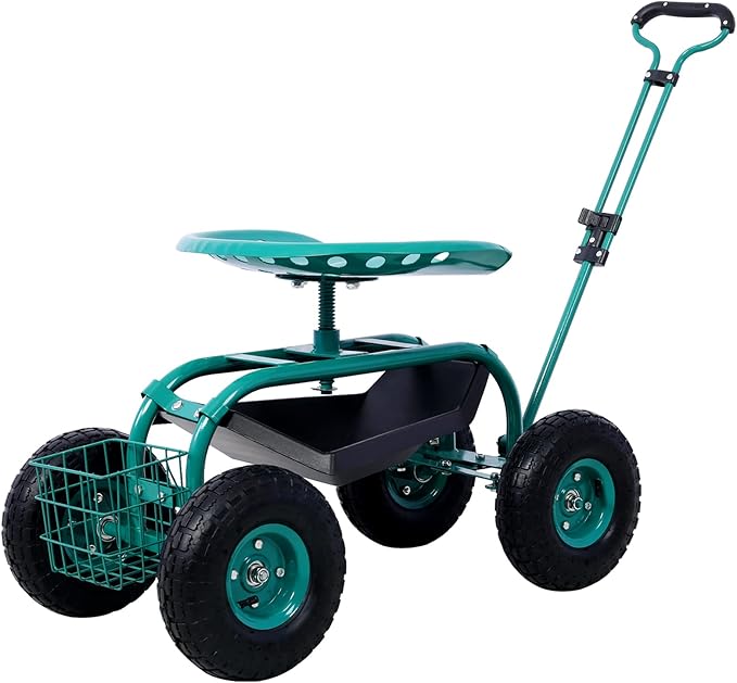 Garden Stool with 360 Swivel Seat Outdoor Rolling Garden Scooter with Adjustable Handle Tools Tray &amp Basket Garden Cart on Wheels Patio Wagon Work Seat with Wheels for Planting Weeding Green
