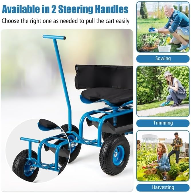 ERGOMASTER Rolling Garden Seat with Wheels360 Degree Swivel Seat Gardening Stool for PlantingTool Storage &amp 2 Steering HandlesUse for Patio Yard and Outdoors Workseat Blue