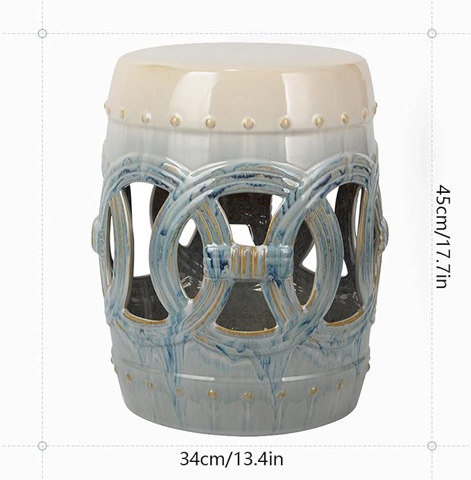 Decorative Garden stools Decorative Ceramic Garden Stool Hollow Out Laicai Copper Money Round Stool Suitable for Living Room Balcony Garden Etc(Gradient Blue)