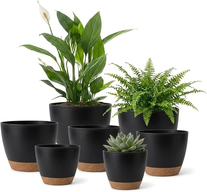 LIFFY Plant Pots 87.576.565.55 Inch Plastic Self Watering Planters with Drainage Holes &amp Saucers 7-Pack Black Nursery Planting Pot with Deep Reservoir for Indoor Outdoor Plants