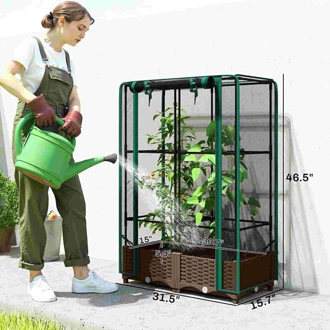 Modular Crop Cage &amp Raised Bed Combo Quick-Assemble Gardening System for Patio or Yard - Removable Cover Adjustable Height Plant Cage for Seasonal Use on a Versatile Garden Box (Green)
