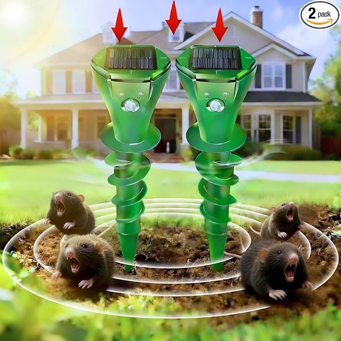 Mole Repellent Solar Powered 2 Pack Ultrasonic Gopher Repeller IP65 Waterproof for Lawn Garden Yard Sonic Vole Repellent Mole Killer Outdoor Get Rid of Snake Groundhog Chipmunk Squirrels-Green