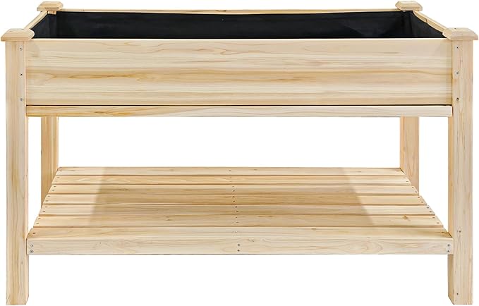 48 x 23 x 31 Inches Raised Garden Bed with Legs Elevated Wooden Planter Box for Outdoor Plants with Water Collection Tray Storage Shelf Protective Liner Natural