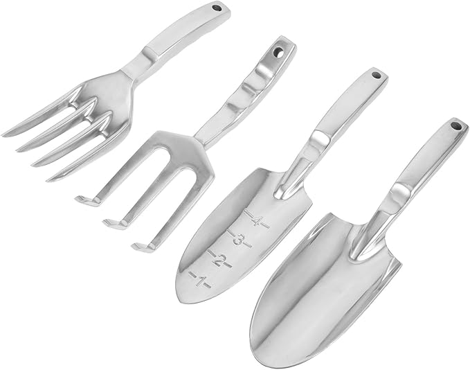 Garden Tool Set with Large Shovel Marked Trowel 3-Prong Rake and 4-Prong Cultivator – Multipurpose Outdoor Gardening Tools for Flower and Vegetable Planting Soil Loosening