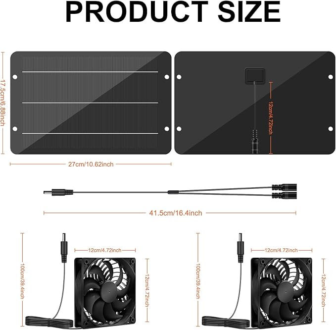 Solar Powered Fan Kit 12.6 Inch IPX7 Weatherproof 15W Solar Panel with 2 Waterproof Fans Intake or Exhaust Air Fan for Outside Backyard Chicken Coops Greenhouses Doghouse