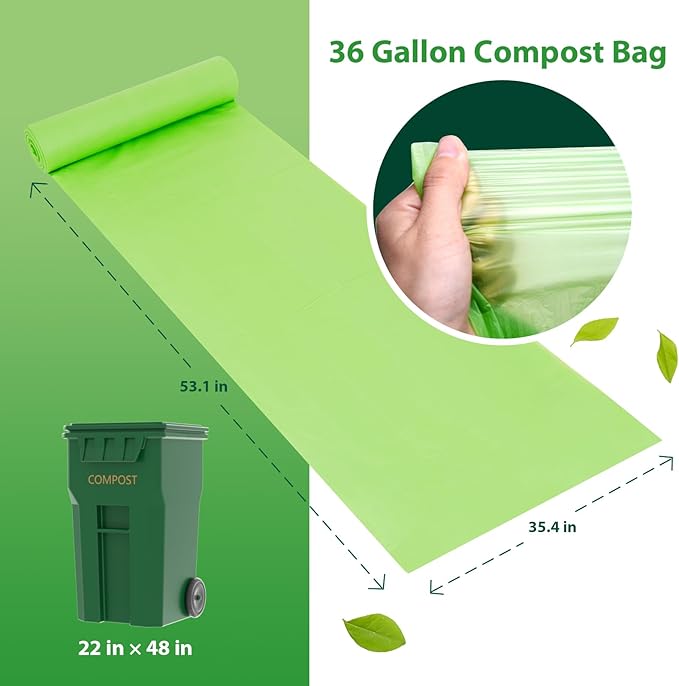 GreFusion Compostable 36 gallon Trash Bags Extra Thick 1.28 Mills Compost 36 Gal Trash Bags (Kitchen Tall Garbage Bags) Compostable Lawn &amp Leaf Yard Waste bagsASTM D6400Bpi Certified