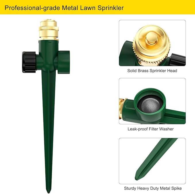 FANHAO 2 Pack Metal Lawn Sprinkler for Yard Automatic Garden Water Sprinkler on Spike Base Adjustable Irrigation System 360 Degree Large Area Coverage for Lawn Grass Patio Garden Irrigation