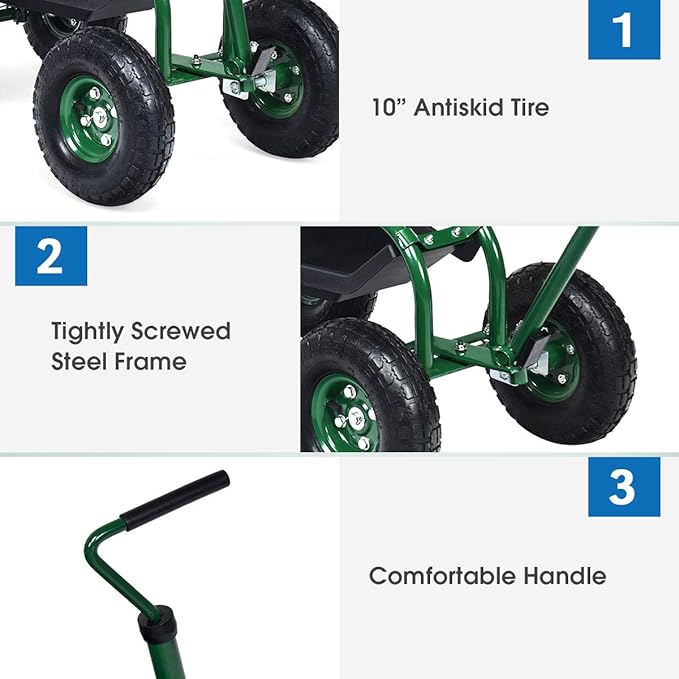 Goplus Rolling Garden Seat with Wheels Outdoor Gardening Scooter with 360° Swivel Seat Tool Tray &amp Basket Adjustable Steering Handle for Lawn Gardening Stool Garden Cart for Planting