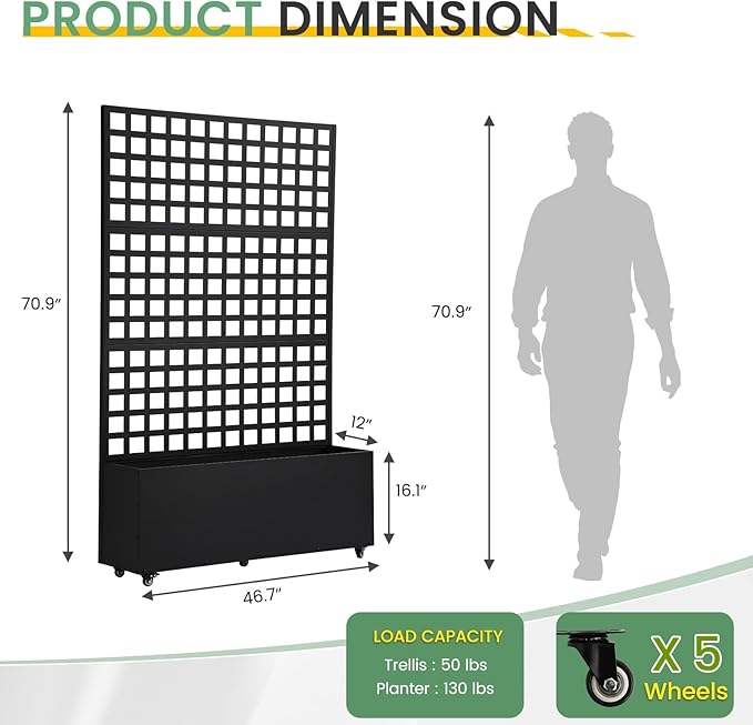 LVUYOYO Metal Raised Garden Bed Planter Box with Trellis &amp Wheels Outdoor Patio Garden Beds Flower Box with Privacy Screen &amp Drainage Holes for Climbing PlantsVegetables Vines