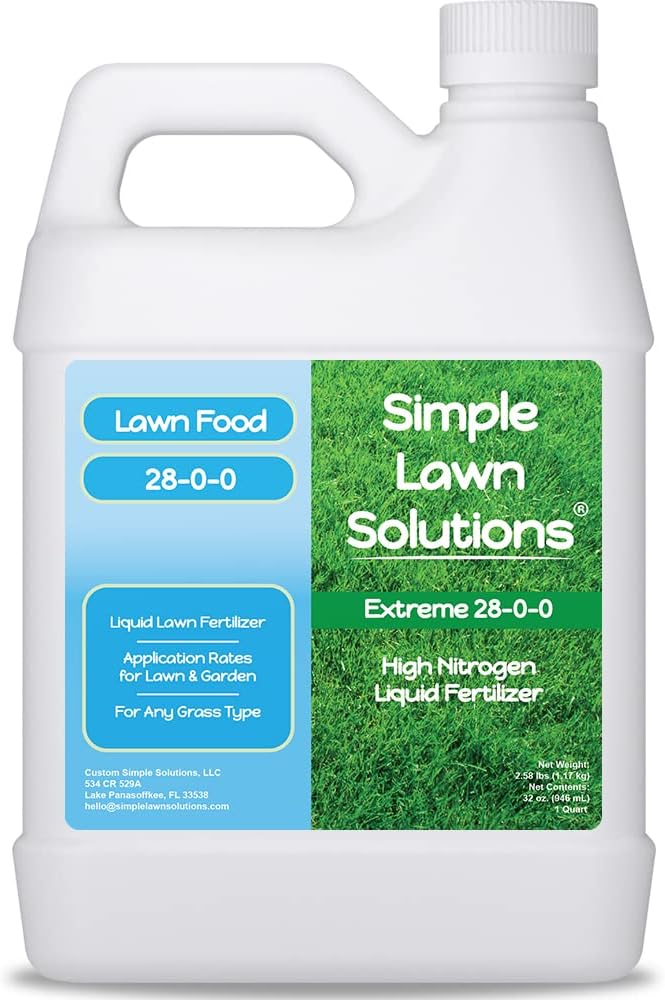 Maximum Green &amp Growth- High Nitrogen 28-0-0 NPK- Lawn Food Quality Liquid Fertilizer- Spring &amp Summer- Any Grass Type- Simple Lawn Solutions - Concentrated Quick &amp Slow Release Blend (1 Q