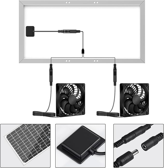 Solar Powered Fan Kit 17.72 Inch IPX7 Weatherproof 22W Solar Panel with 2 Waterproof Fans Intake or Exhaust Air Fan for Outside Backyard Chicken Coops Greenhouses Doghouse