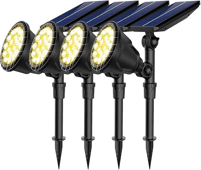 JSOT 600 Lumen Bright Solar Lights Outdoor WaterproofSolar Powered Landscape Spotlights Solar Walkway Lighting for Backyard Garden Pathway Driveway Path Wall Patio Decor Warm White 4 Pack