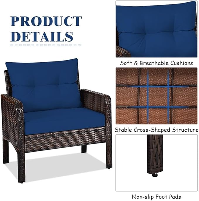 Pemberly Row 3-Piece 26'' Rattan Conversation Set Outdoor Seating Ensemble Built for Casual Comfort and Interaction Navy