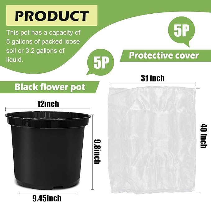 12-Inch Reusable Nursery Pots with Durable Bird Netting Covers for Outdoor/Indoor Plants 5-Gallon Garden Pots &amp Bird Netting for Garden Protection Bundle Gardening Gifts for Women (5-Pack)