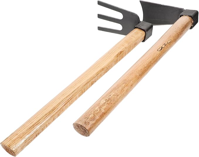 Toyvian 2pcs Garden Tool Set Wooden Handle Hoe and Steel Rake for Outdoor Gardening Digging Soil Weeding Small Handheld Tools for Flower Farming and Vegetable Planting