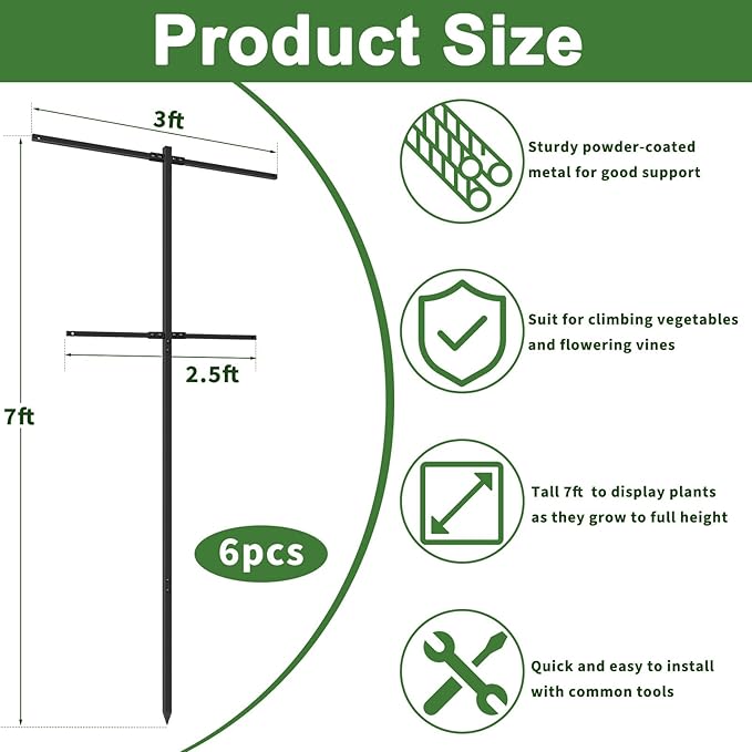 6 Pack Metal Detachable Raspberry &amp Grape Vine Trellis for Climbing Plants Heavy-Duty 7 Ft Tall Large Vineyard Trellis Support Sturdy Garden Stakes for Outdoor Raised Beds Vegetables Fruits Flow