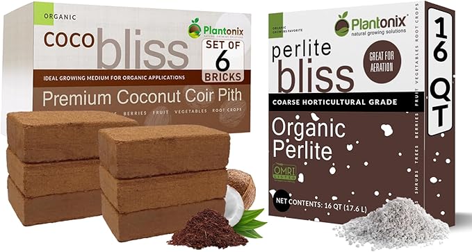 Coco Bliss 650gm Bricks (6-Pack) + Perlite Bliss (16 Qts) - Coco Coir Bricks &amp Organic Perlite for Plants - Coco Coir Perlite Mix - Organic Coco Coir for Plants - Coconut Coir Bulk Potting Soil Mi