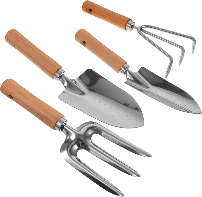Kichvoe Garden Tool Set with Wooden Handle Hand Shovel and 4pcs Rake Kit for Gardening Including Wide Trowel Pointed Shovel Three-Prong Rake and Cultivator Suitable for Planting