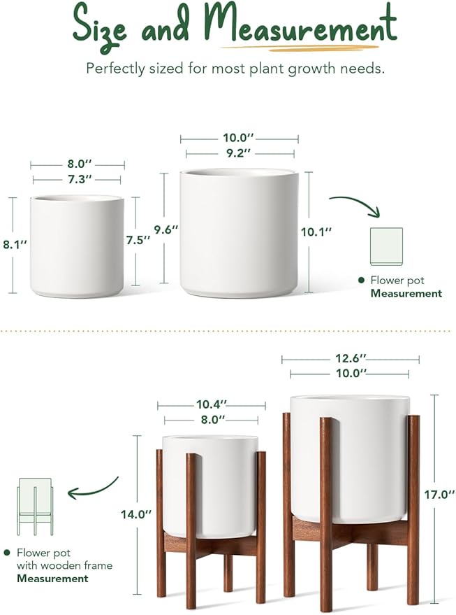 LE TAUCI Indoor Planter with Stand 10 + 8 Inch Set of 2 Ceramic Pot for Indoor Plants with Acacia Wood Holder Mid-Century Modern Home Decor Round Flower Pots with Drainage Hole White