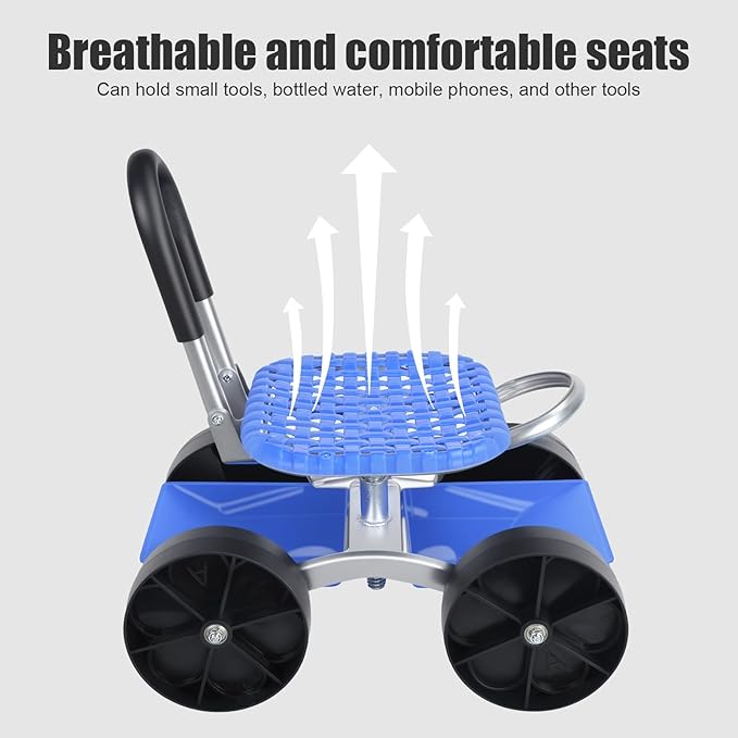 Rolling Garden Seat Utility Garden Stool with Flat Wheels Foldable Lazy Garden Seat Stool Picking Rotary Tool Cart with Storage Shelf Adjustable Height Blue
