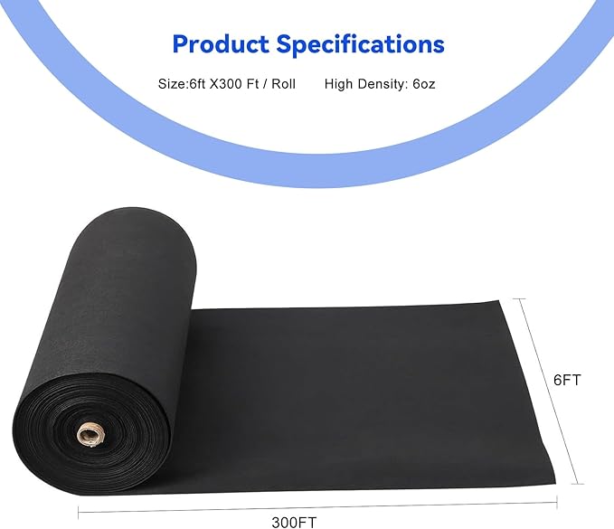 6ft X 300ft 6oz PP Geotextile Landscape Fabric Non-Woven Weed Barrier (350N Tensile/440N Load) for Driveway Stabilization Drains &amp Erosion Control(6x300ft+6oz)