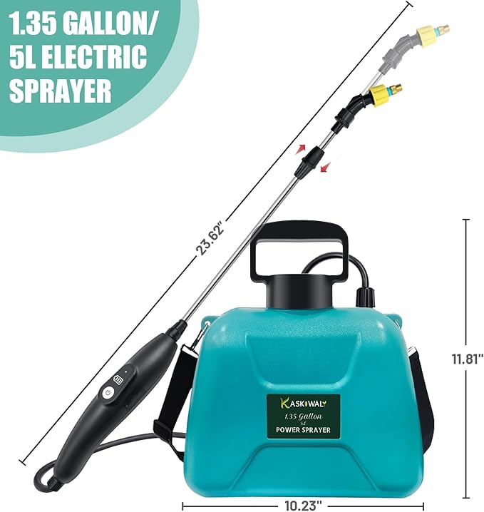 New Upgrade Battery Powered Garden Sprayer with 3 Mist Nozzles 1.35 Gal Lawn Water Sprayer with USB Rechargeable Handle and Telescopic WandPortable Electric Sprayer with Shoulder Strap for Gardening