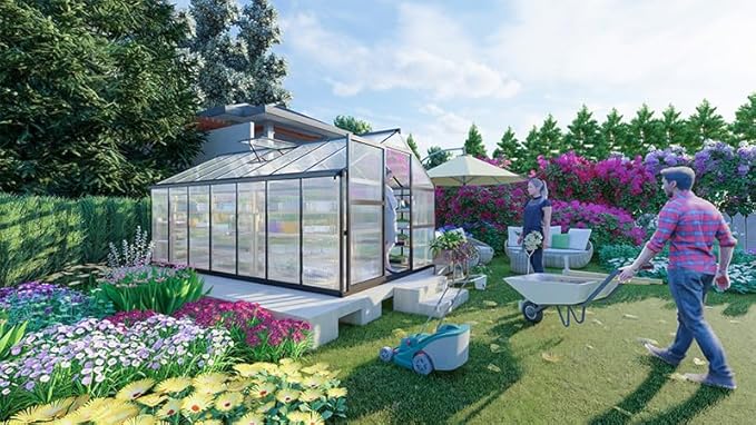 8x14 FT Greenhouse for Outdoors Polycarbonate Greenhouse with Quick Setup Structure and Roof Vent Aluminum Large Walk-in Green House for Outside Garden Backyard Dark Gray