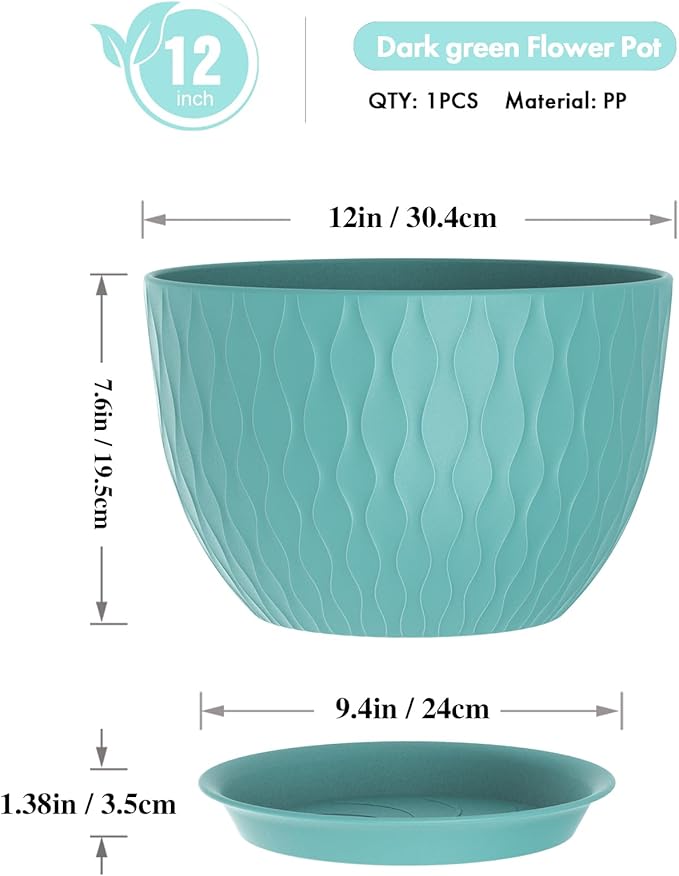 12 Inch Large Plant Pots for Indoor or Outdoor Plants Wide Water Ripples Flower Pots with Drainage Holes &amp Saucer Plastic Planters Set for Garden &amp Home Decor (Blue Green)
