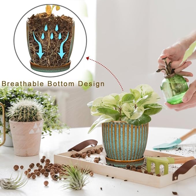 Oairse Ceramic Pots for Indoor Plants 4.9 + 5.7 Inch Set of 2 Bluish Grey With Drainage Holes and Saucers Texture Planters for Succulent Indoor Outdoor Flower